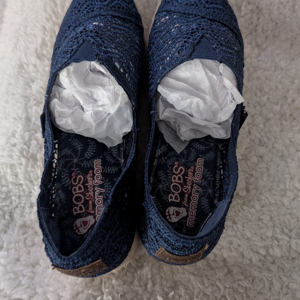 BOB'S by Skechers Women's Navy Blue Lace Slip-On Espadrille Wedges, Size 8